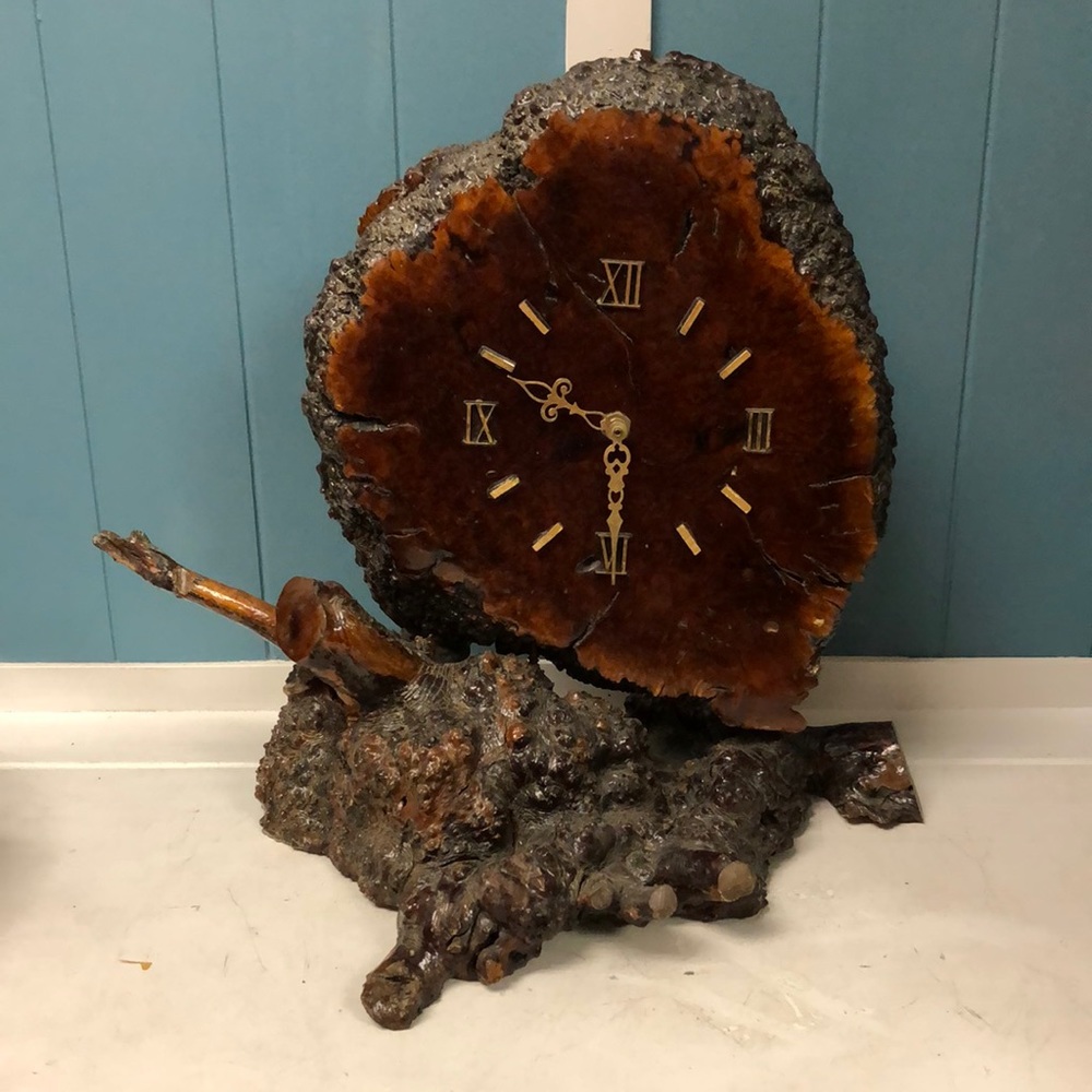 Vintage Lacquered 15” Wood Mantle Clock Wooden Log Slice Untested RARE